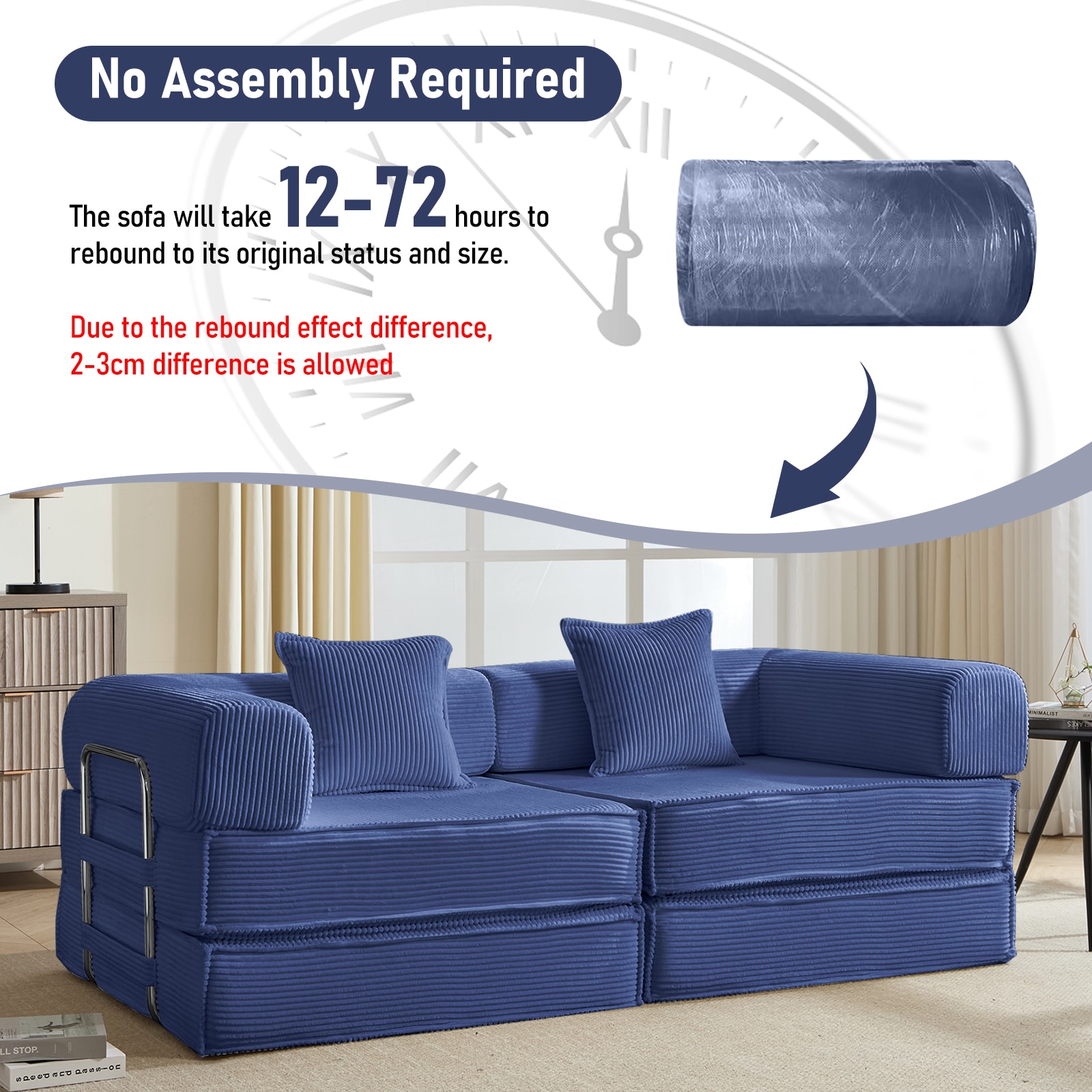 Convertible Corduroy Sleeper Sofa Bed With Two Pillows Blue_voghion.com